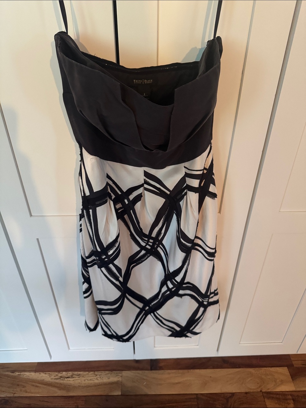 White House Black Market Strapless Black and White Patterned Dress